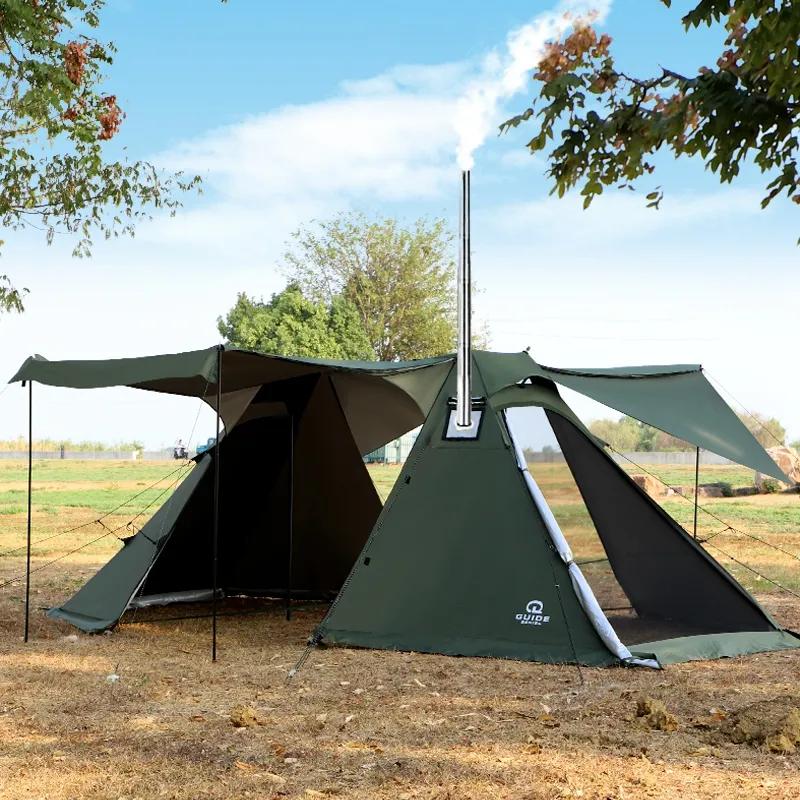 굴뚝 구멍이 있는 더블 피크 쉘터 텐트, 야외 캠핑, 대형 사이즈, 태양 보호, 방수 가족 캐노피, 글램핑 300D